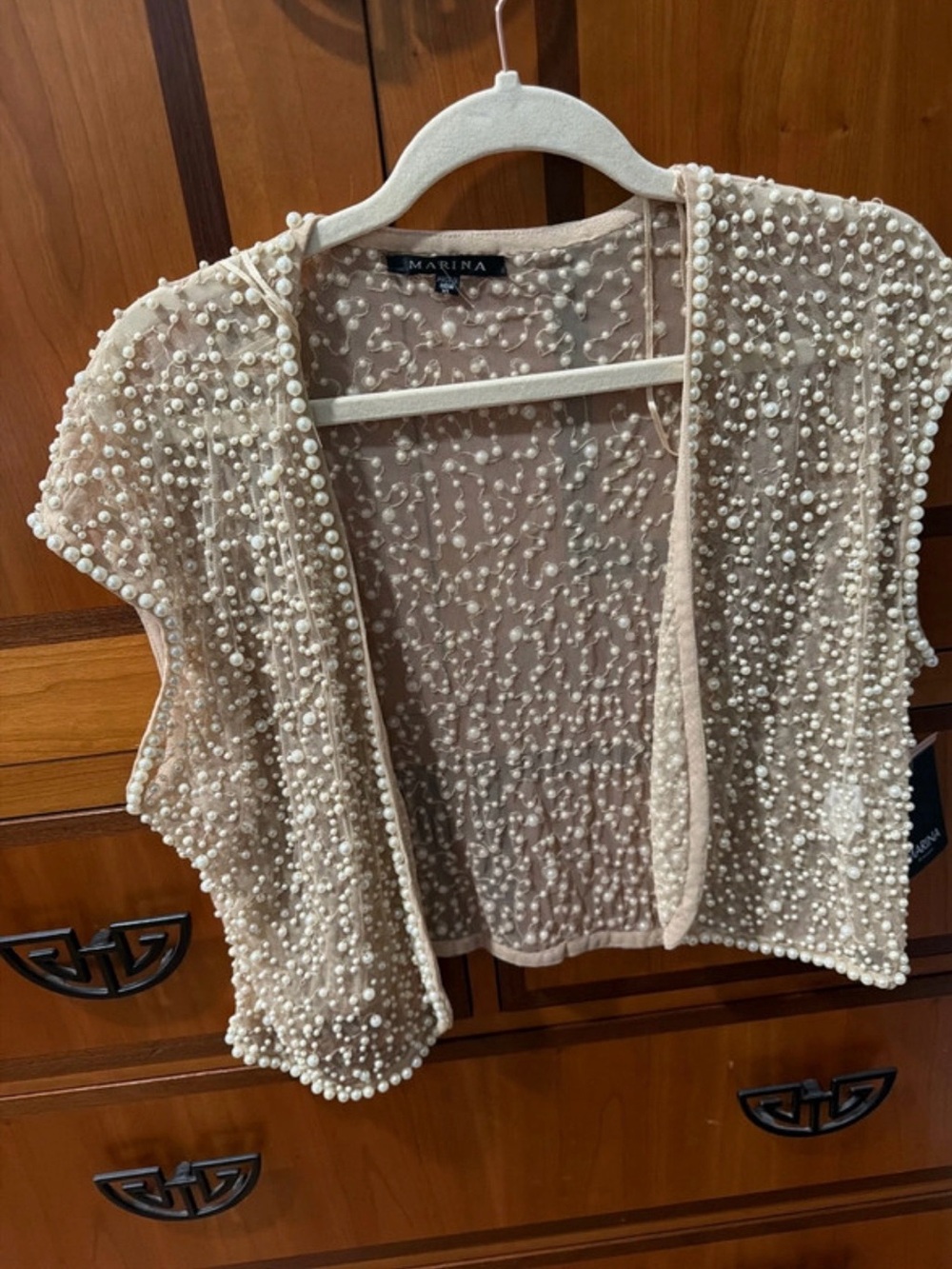 MARINA Pearl Embellished Cropped Top nude Blush XL Like New